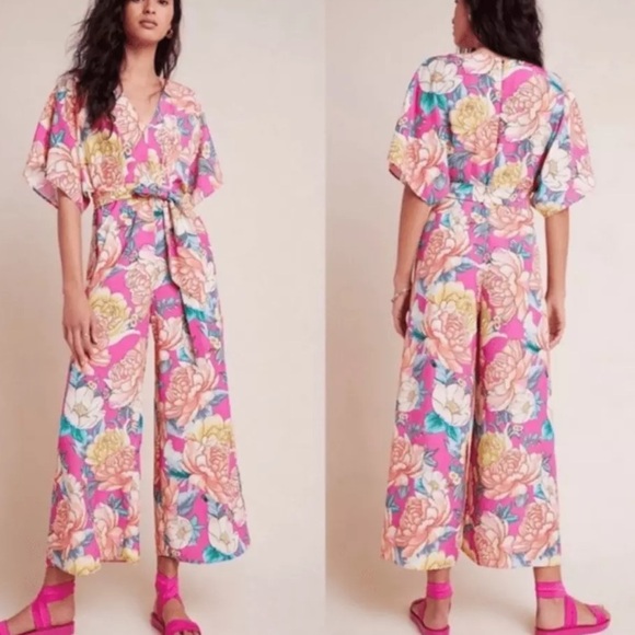 FARM Rio Pants - FARM Rio Pink Floral Wide-Leg Jumpsuit